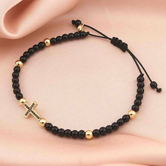 Bratara Unisex Snur Aur 14k Cruce cu Bile din Aur si Onix