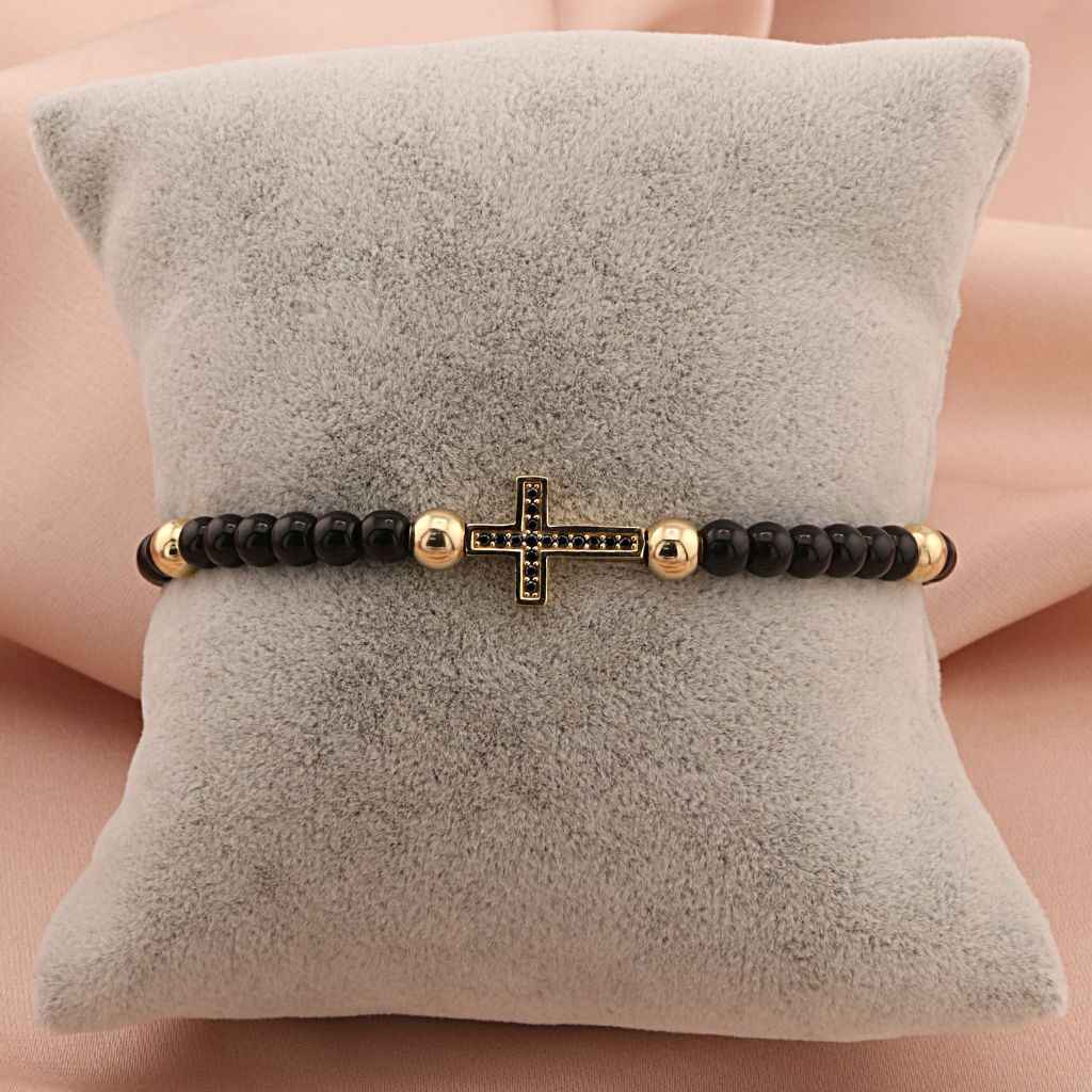 Bratara Unisex Snur Aur 14k Cruce cu Bile din Aur si Onix