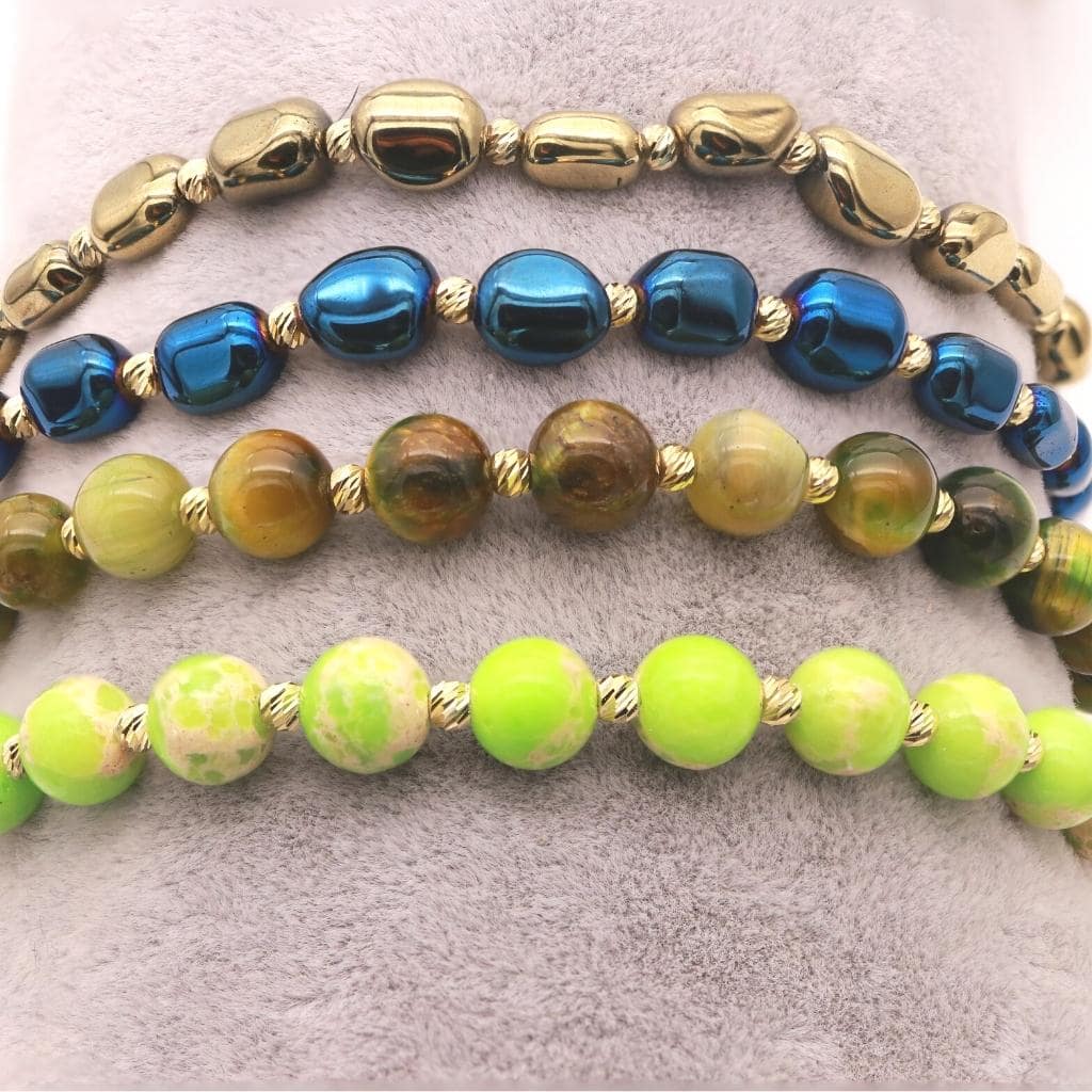 Bratara Snur Aur 14k cu Bile si Piatra Verde Serpentin