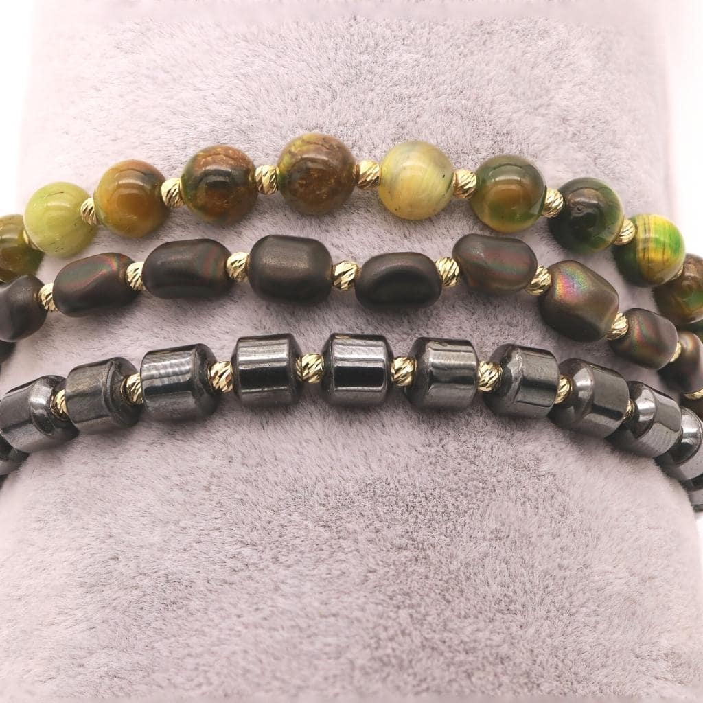 Bratara Snur Aur 14k cu Bile si Piatra Verde Serpentin