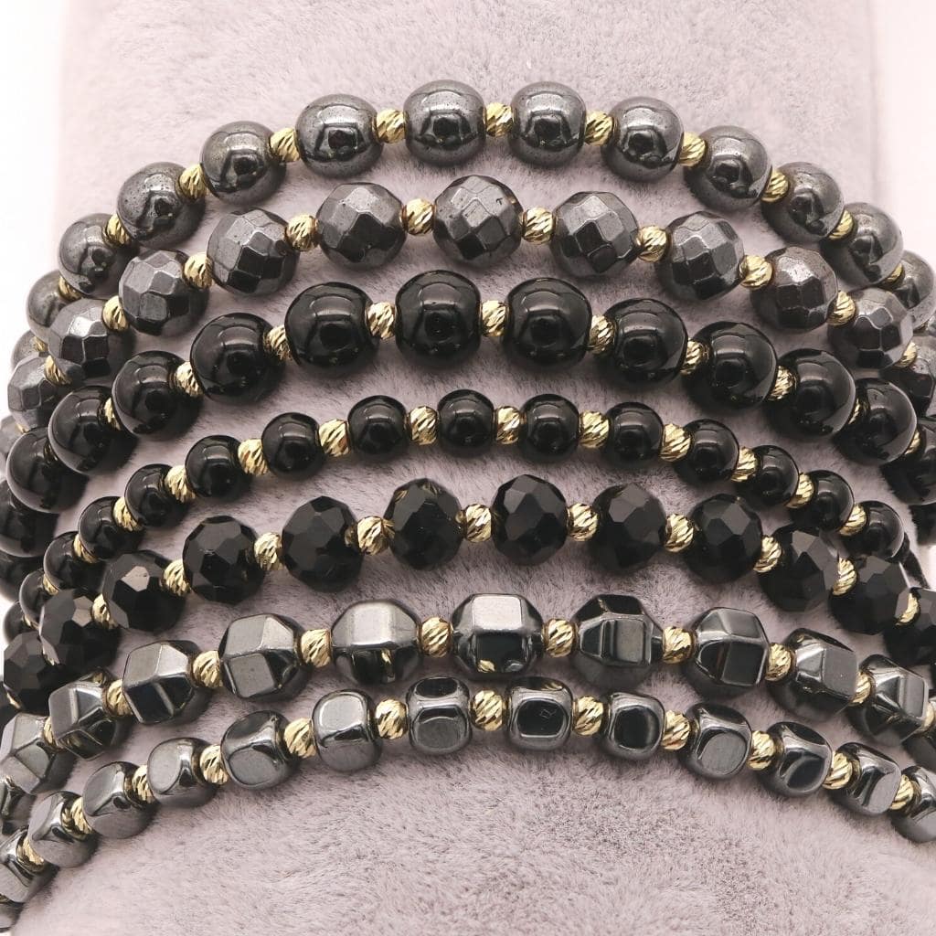 Bratara Snur Negru Aur 14k cu Bile si Piatra Onix Negru 5mm