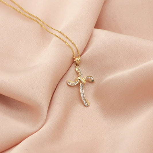 Pandantiv Aur 14k Cruce cu Pietre Zirconia Wavy Cross