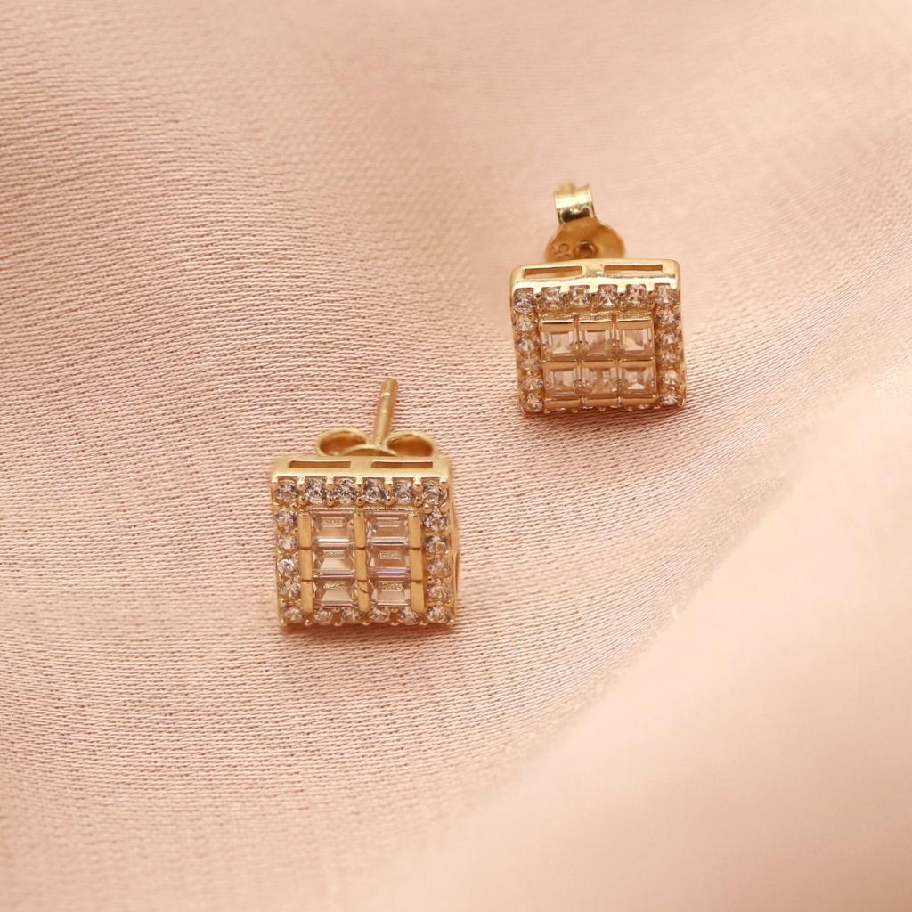 Cercei Aur 14k Patrati cu Pietre Albe