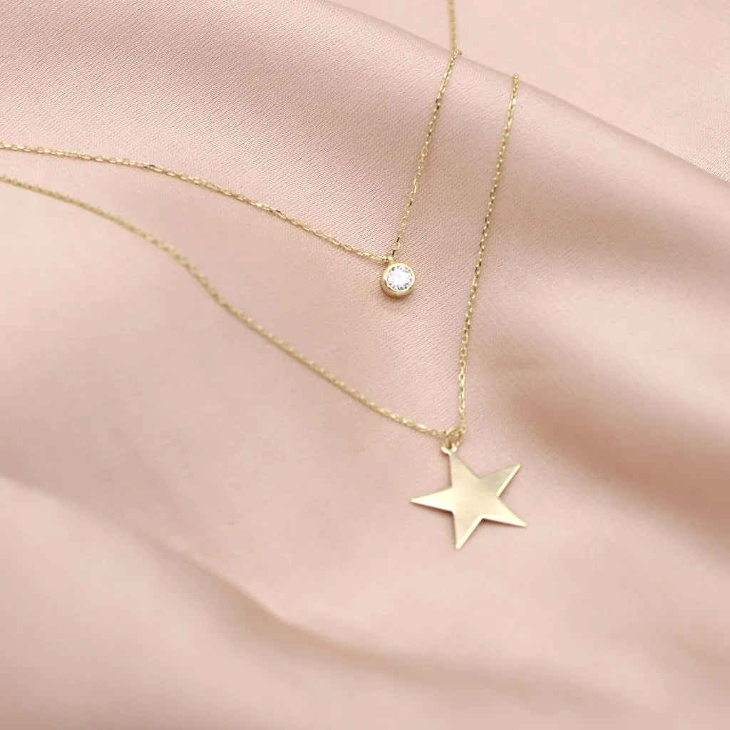 Lant Aur 14k Dublu Stea si Piatra Zirconia