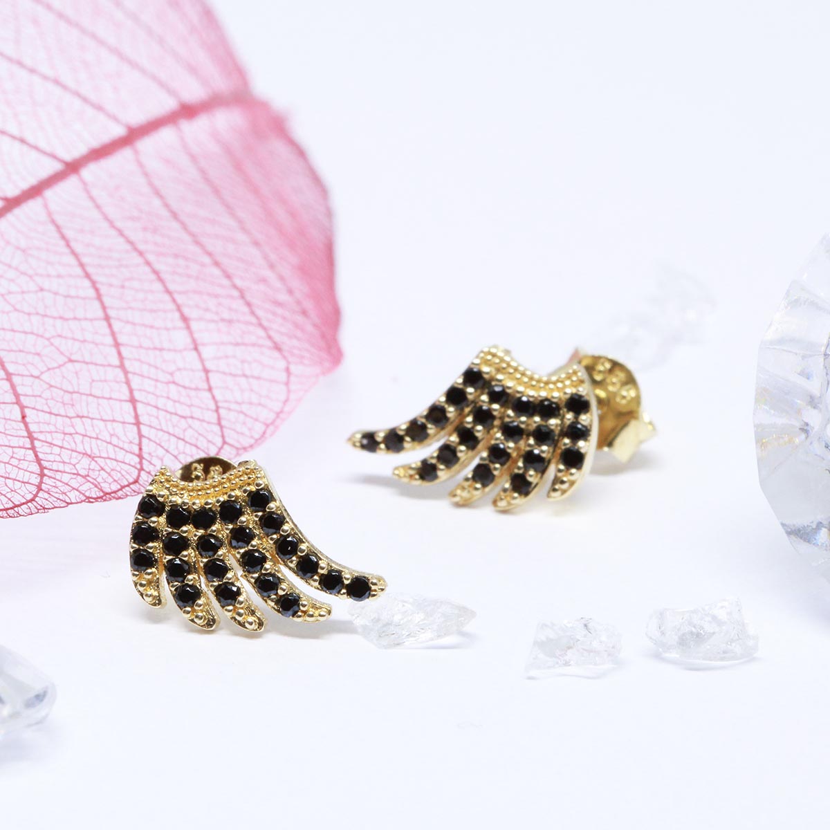 Cercei Aur 14k Aripi cu Pietre Negre - Bijuteria Cleopatra