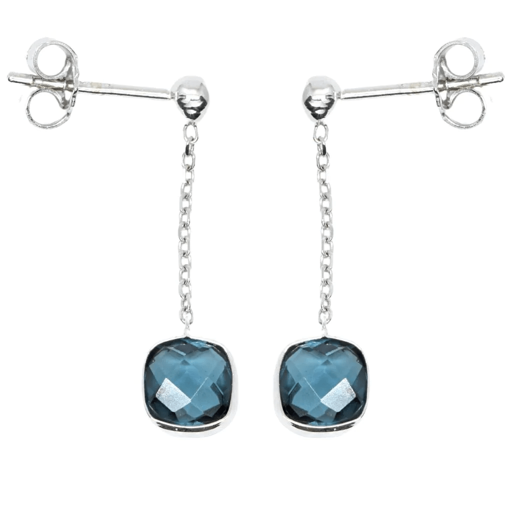 Cercei Aur Alb 14k cu Piatra Patrata Topaz Albastru