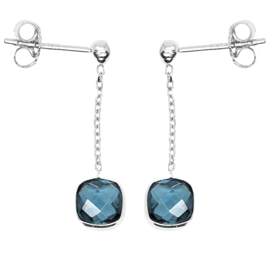 Cercei Aur Alb 14k cu Piatra Patrata Topaz Albastru