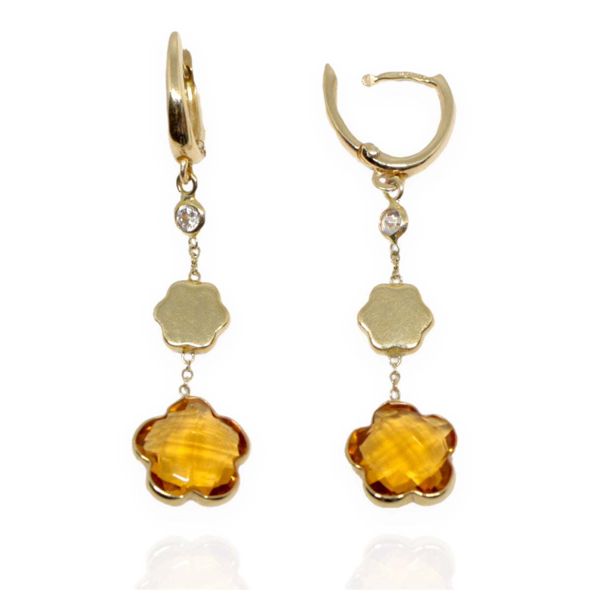 Cercei Aur 14k Lungi Floare cu Piatra Citrin - Bijuteria Cleopatra