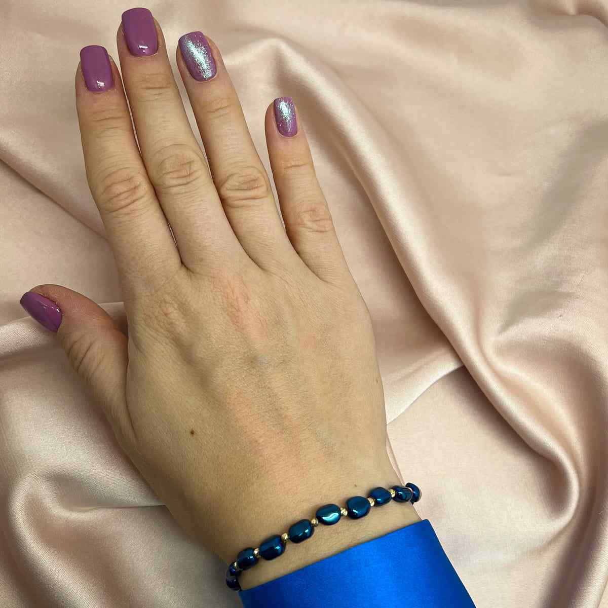 Bratara Snur Aur 14k cu Bile si Hematit Albastru