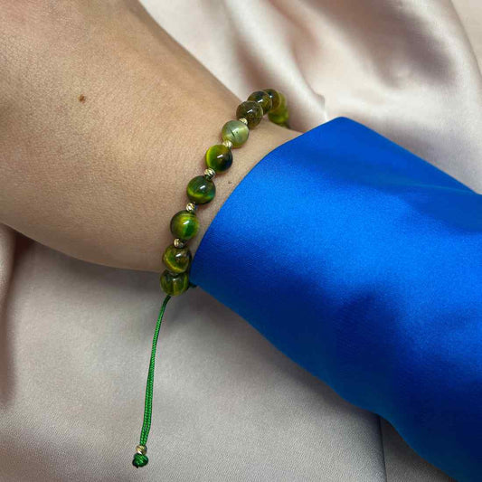Bratara Snur Aur 14k cu Bile si Piatra Verde Serpentin