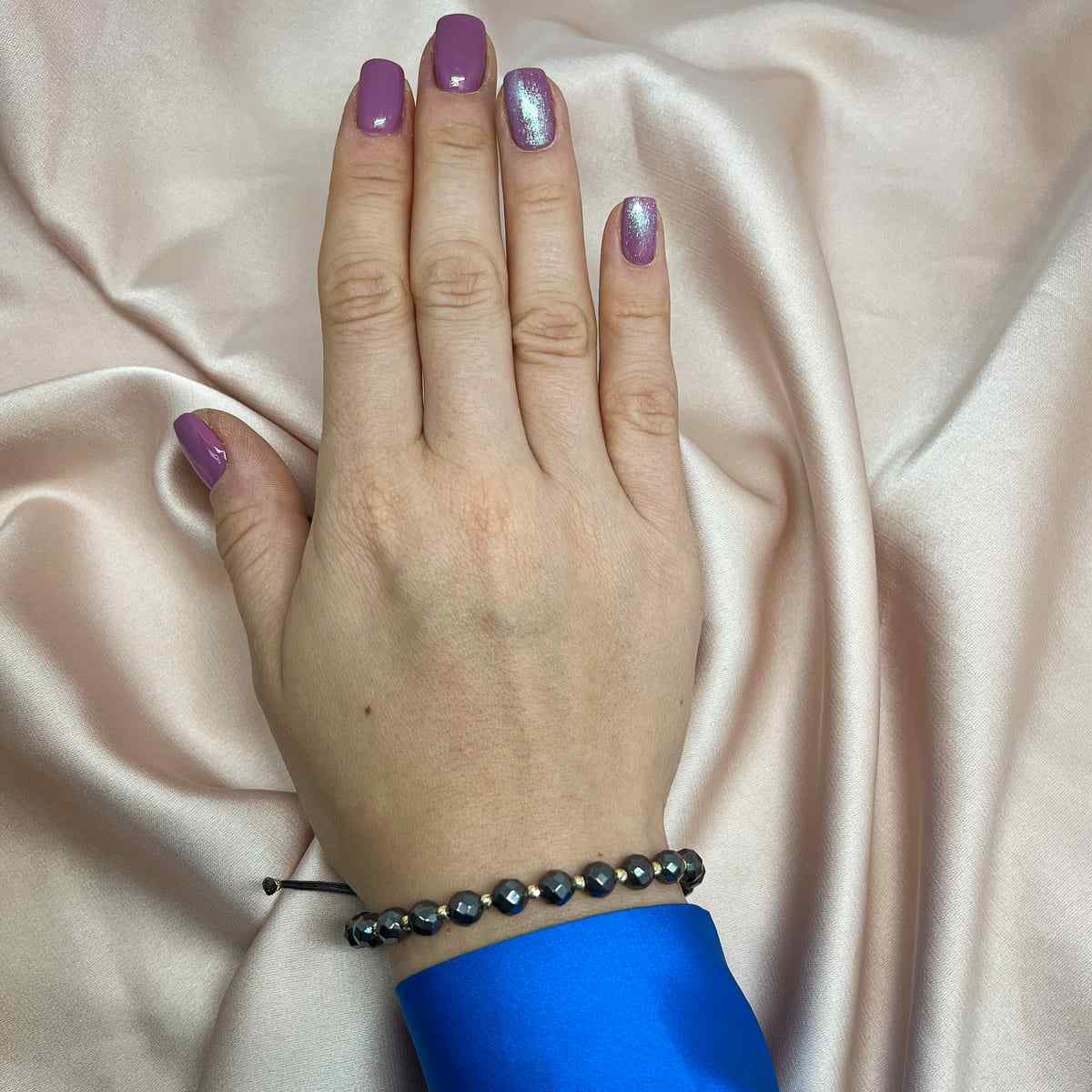 Bratara Snur Aur 14k cu Bile si Pietre Hematit Fatetat Gri