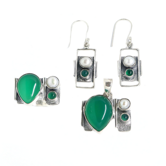 Set Argint Onix Verde si Perla - Bijuteria Cleopatra