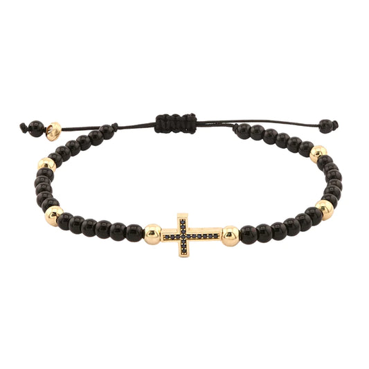 Bratara Unisex Snur Aur 14k Cruce cu Bile din Aur si Onix
