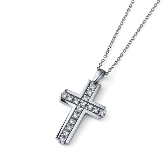 Lant Aur Alb 18k Cruce cu Diamante 0.12ct - Bijuteria Cleopatra