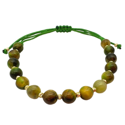 Bratara Snur Aur 14k cu Bile si Piatra Verde Serpentin