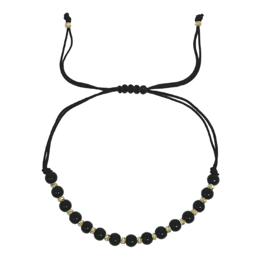 Bratara Snur Negru Aur 14k cu Bile si Piatra Onix Negru 5mm