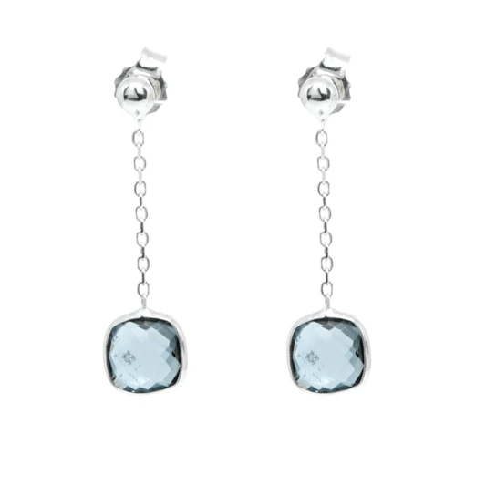 Cercei Aur Alb 14k cu Piatra Patrata Topaz Albastru