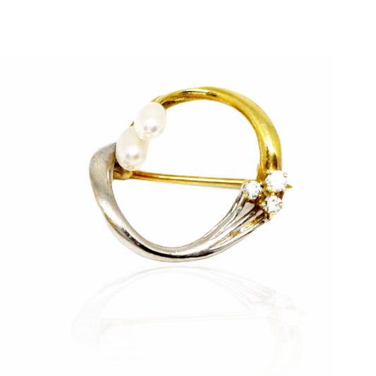Brosa Aur Alb si Galben 14k cu Perle si Pietre Zirconia - Bijuteria Cleopatra