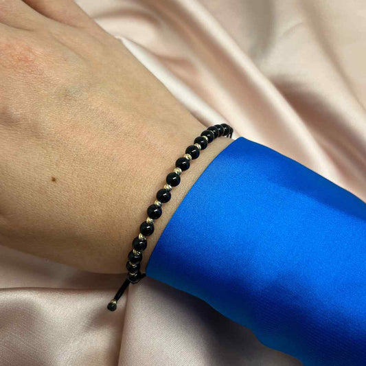 Bratara Snur Negru Aur 14k cu Bile si Piatra Onix Negru 5mm