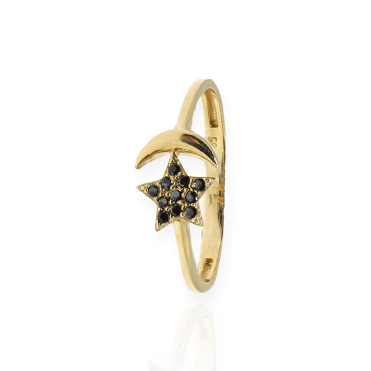 Inel Aur 14K Steluta Si Semiluna Cu Pietre Zirconia Negre - Bijuteria Cleopatra