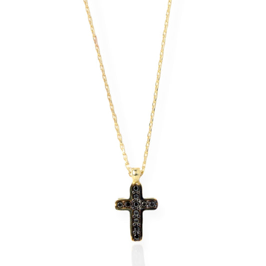 Lant Aur 14K Cruce Cu Pietre Zirconia Negre - Bijuteria Cleopatra